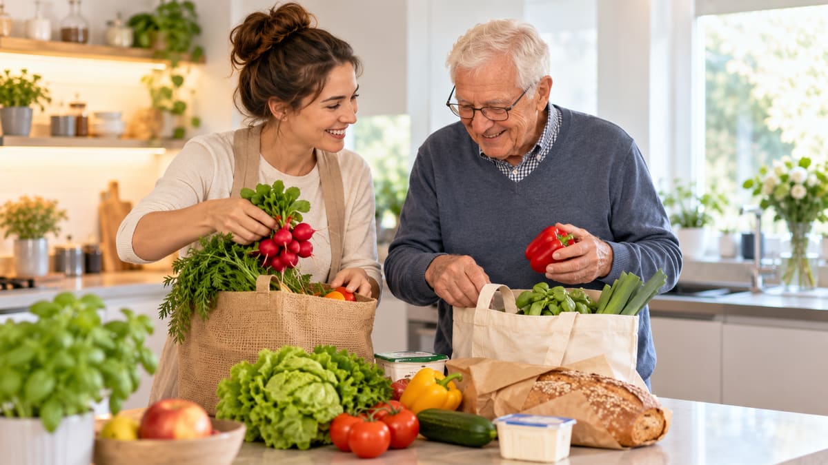 Alltagshelferin und älterer Herr packen gemeinsam frische Einkäufe in der Küche aus.