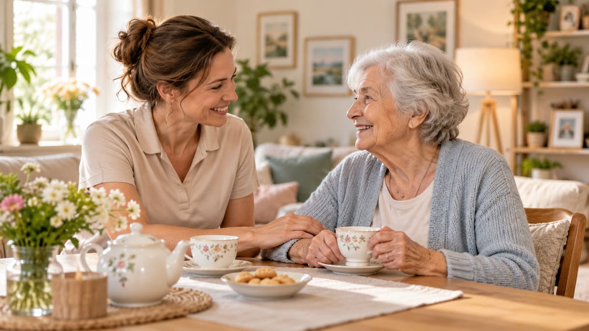 Alltagshelferin und ältere Dame sitzen lächelnd bei einer Tasse Tee am Küchentisch und unterhalten sich.
