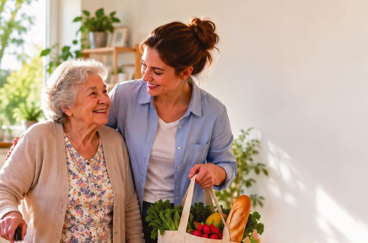 Eine lächelnde Alltagshelferin legt den Arm um eine ältere Dame und trägt eine Einkaufstasche mit frischem Gemüse und Brot.